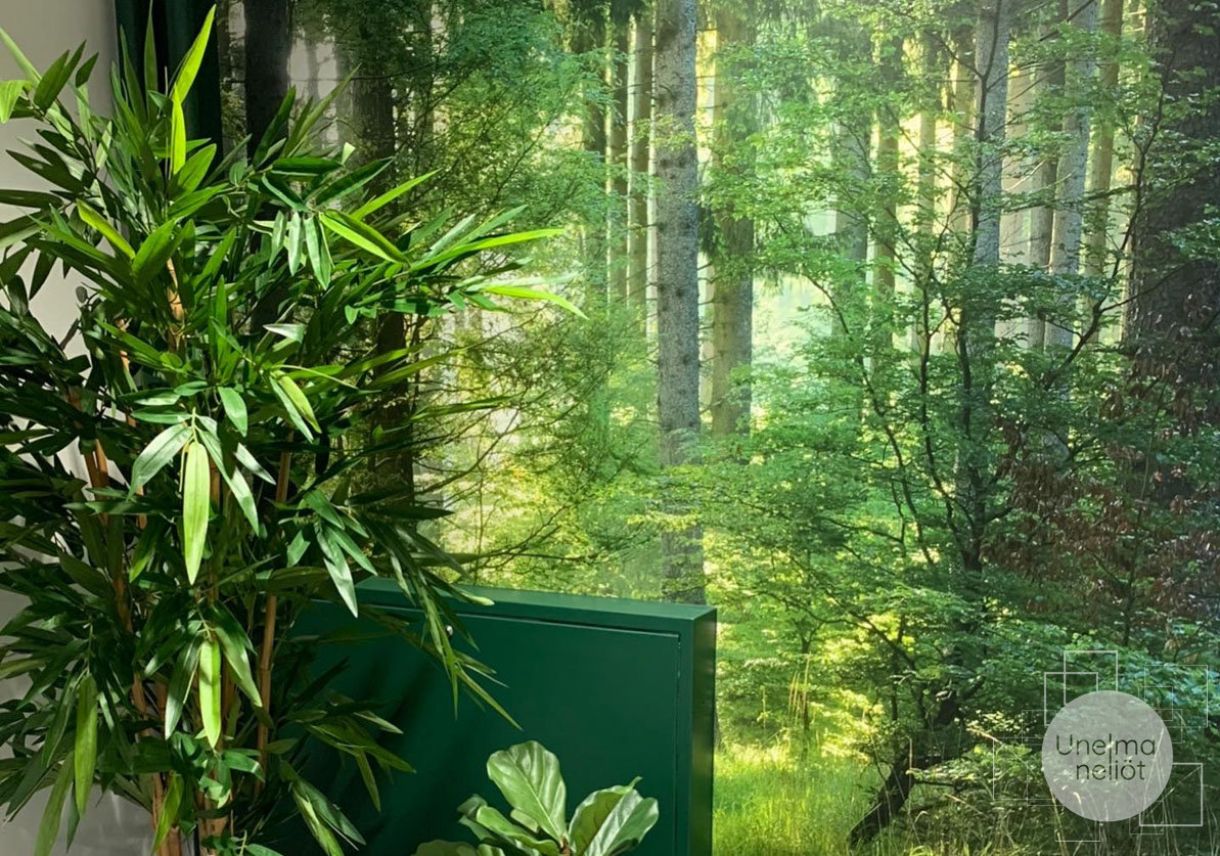 Silkkikasvit ja valoisa metsätapetti eteisen seinässä.