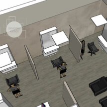 3D-suunnitelma (akustiikkasermit ja seinäke erottavat asiakaspaikat) 